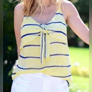 CAbi Yellow & Navy Striped Chiffon Cami Tank With Wrap Tie, Sz Small, EUC!